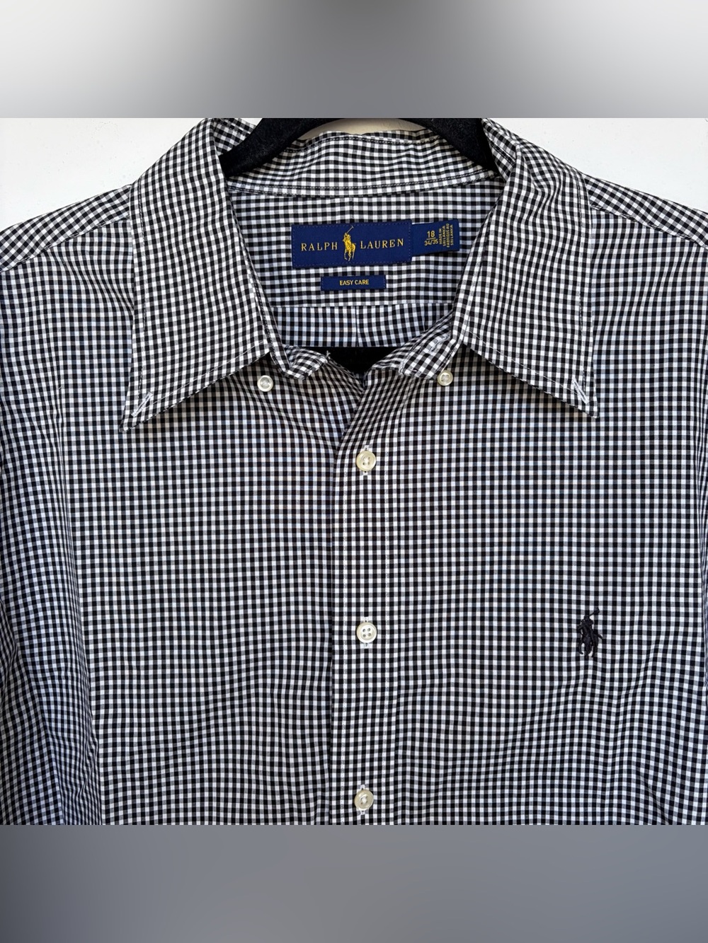 POLO RALPH LAUREN EASY CARE GINGHAM DRESS SHIRT BLACK WHITE MENS 18 34/35 NEW
